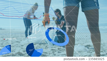Cleaning volunteer wearing orange gloves holding bag on beach displaying data overlay copy space 135665025