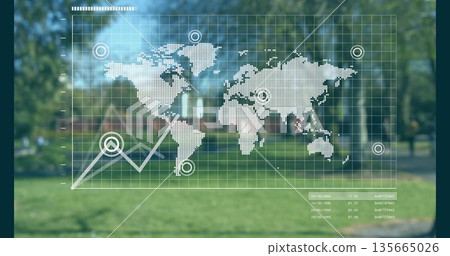 Displaying world map grid overlay in park, showing markers, line chart, timestamps and data tables 135665026
