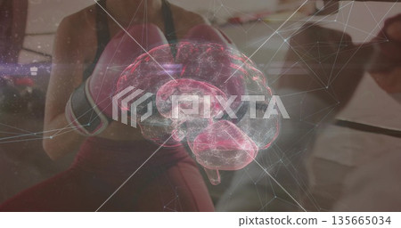 Floating holographic brain over ring, with mesh overlay and pink-gloved female boxer punching mitts Floating holographic brain over ring, with mesh overlay and pink-gloved female boxer punching mitts 135665034