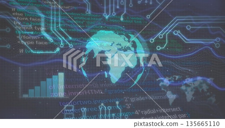 Semi-transparent 3D globe rotating on dark grid plane, with neon network lines, code and bar chart Semi-transparent 3D globe rotating on dark grid plane, with neon network lines, code and bar chart 135665110