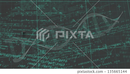 Displaying DNA helix undulating across data interface, with grid overlay, code streams and diagrams 135665144