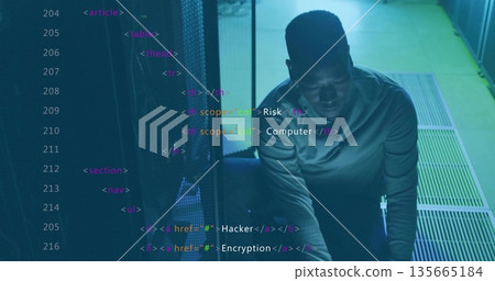 Kneeling IT technician inspecting server rack in data center, with cables and HTML tags, copy space 135665184