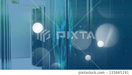 Glowing server racks projecting digital globe in data center aisle, with LED lights, light flares Glowing server racks projecting digital globe in data center aisle, with LED lights, light flares 135665191