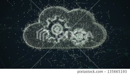 Forming digital cloud with glowing nodes and lines in dark interface, showing two gear icons Forming digital cloud with glowing nodes and lines in dark interface, showing two gear icons 135665193