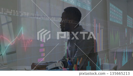Typing male analyst analyzing transparent market charts on monitor at office desk, with keyboard 135665213