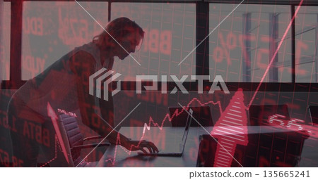 Leaning woman in gray top using laptop in boardroom, red graph overlays, upward arrow, copy space Leaning woman in gray top using laptop in boardroom, red graph overlays, upward arrow, copy space 135665241