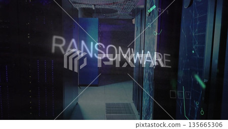 Projecting holographic RANSOMWARE text in data center hall, with server racks, LED lights Projecting holographic RANSOMWARE text in data center hall, with server racks, LED lights 135665306