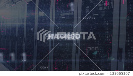 Showing glitchy HACKED text streaming through data center room with server racks and code overlays Showing glitchy HACKED text streaming through data center room with server racks and code overlays 135665307