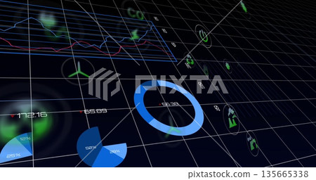 Displaying blue donut chart hovering at center in data dashboard, with pie charts, green icons 135665338