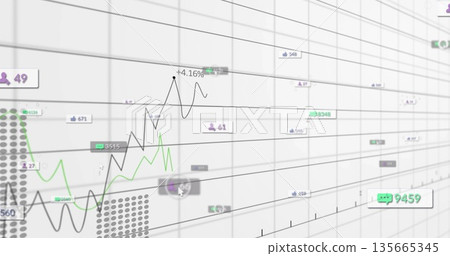 Animating black and green trend lines fluctuating over 3D grid, with data markers and social icons Animating black and green trend lines fluctuating over 3D grid, with data markers and social icons 135665345