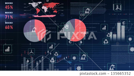 Displaying red-gray pie chart on screen with world map metrics bar-chart line-chart and icons Displaying red-gray pie chart on screen with world map metrics bar-chart line-chart and icons 135665352