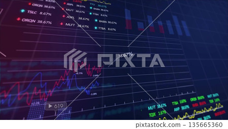 Showing financial charts updating on grid interface, with line graphs and ticker percentages Showing financial charts updating on grid interface, with line graphs and ticker percentages 135665360