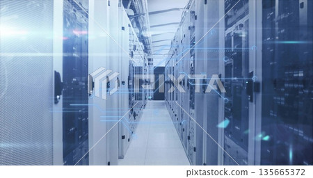 Illuminating data center aisle with server racks, network switches, cable trays, blinking LEDs Illuminating data center aisle with server racks, network switches, cable trays, blinking LEDs 135665372