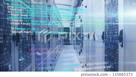 Displaying corridor between server cabinets in facility, with network cables and LED indicators 135665373