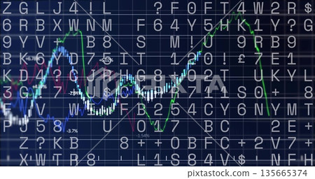 Displaying market trends scrolling across trading screen, with line graphs, percent labels on grid 135665374