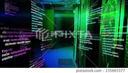 Projecting code across server racks in data center corridor, with cable trays and floor grates 135665377