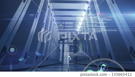 Floating holographic icons displaying network activity along data center aisle, with server racks Floating holographic icons displaying network activity along data center aisle, with server racks 135665412