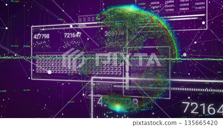 Floating data globe representing network in cyberspace, with laptop grid, nodes and number readouts 135665420