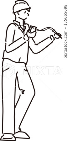 Illustration of a man in work clothes checking with a tester Line drawing 135665698