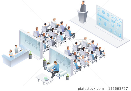 Isometric corporate event venue layout showing conference hall with speaker reception desk and lounge area with laptop user. Vector illustration. Isometric corporate event venue layout showing conference hall with speaker reception desk and lounge area with laptop user. Vector illustration. 135665737