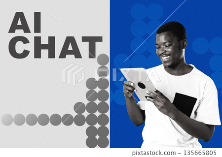 Man using tablet to engage in chat about AI technology in a digital setting Man using tablet to engage in chat about AI technology in a digital setting 135665805