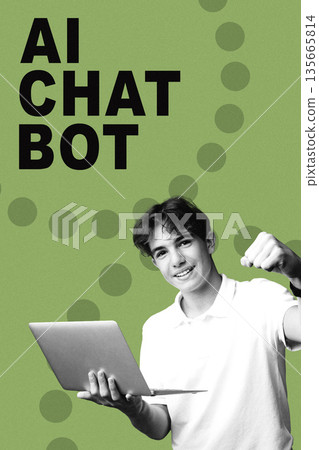 Young person shows excitement while using laptop for AI chat bot activity 135665814