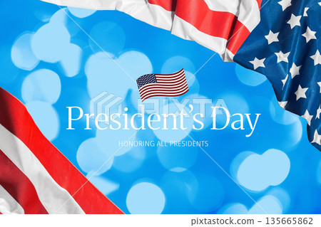 Celebration of president's day with american flags and blue background Celebration of president's day with american flags and blue background 135665862