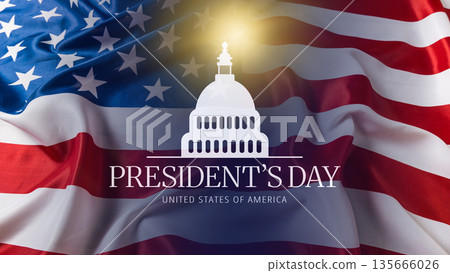 Celebration of Presidents Day with American flag and US Capitol dome design 135666026
