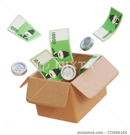 3D Render of 10,000 Korean Won Bills Popping Out of a Delivery Box 135666164