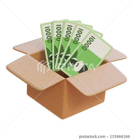 Korean 10,000 Won Banknotes Inside a Cardboard Parcel Box, 3D Illustration 135666166