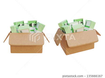 Stacks of Korean 10,000 Won Cash Bundles in a Shipping Box, 3D Graphic 135666167