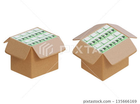 Delivery Box Full of Stacks of Korean 10,000 Won Bills, High Angle 3D Render 135666169