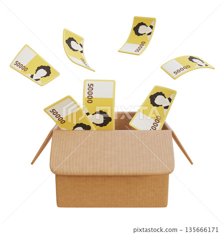 3D Rendering of 50,000 Korean Won Bills Bursting Out of a Courier Box 135666171