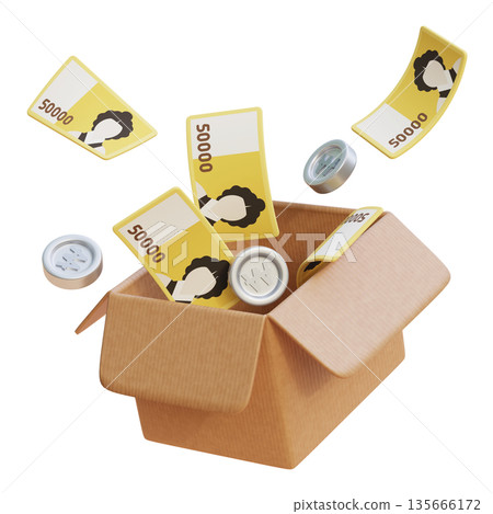 3D Rendering of 50,000 Korean Won Bills Bursting Out of a Courier Box 3D Rendering of 50,000 Korean Won Bills Bursting Out of a Courier Box 135666172