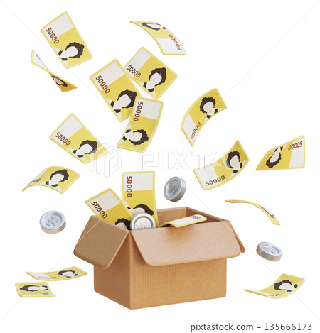 3D Rendering of 50,000 Korean Won Bills Bursting Out of a Courier Box 135666173