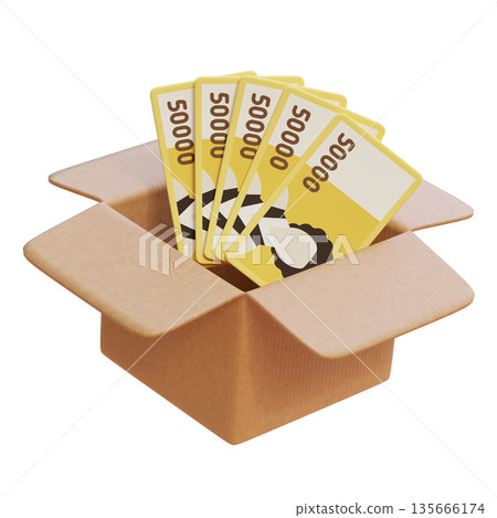 Korean 50,000 Won Currency Notes Inside a Brown Parcel Box, 3D Image 135666174