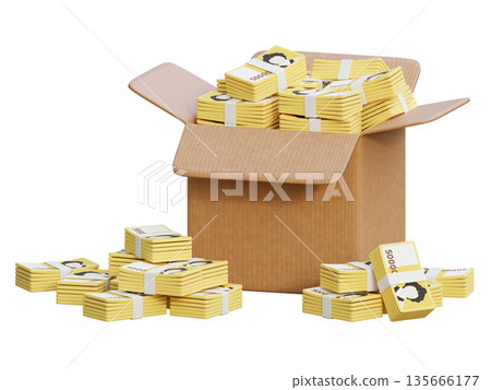 Cardboard Box Overflowing with Stacks of Korean 50,000 Won Cash, 3D Illustration 135666177
