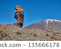Roque Cinchado rock formation with the snow-capped Teide volcano in the background in Teide National Park, Tenerife, Spain 135666178
