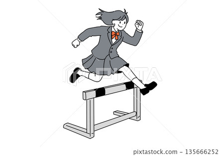 Illustration of a female student overcoming a hurdle. Growth and success. Hand-drawn line drawing. Vector material. Illustration of a female student overcoming a hurdle. Growth and success. Hand-drawn line drawing. Vector material. 135666252