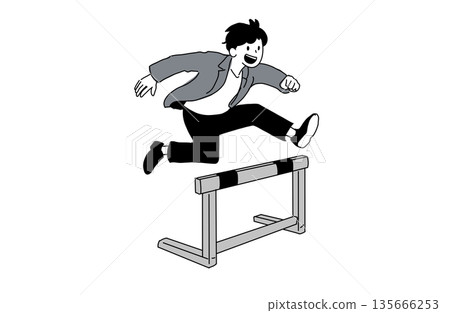 Illustration of a young man overcoming a hurdle. Business growth and solutions. Hand-drawn line drawing. Vector material. 135666253