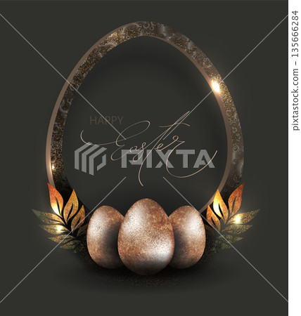 Happy Easter. Isolated greeting card design with golden Easter eggs 135666284