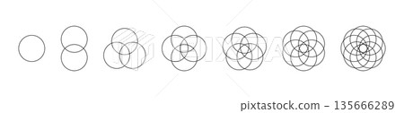 Intersecting circles set. Circle Venn diagram with four, five and six parts. Infographic chart line icon. 2,3,4 overlap balance elements diagram. Vector illustration isolated on white background 135666289