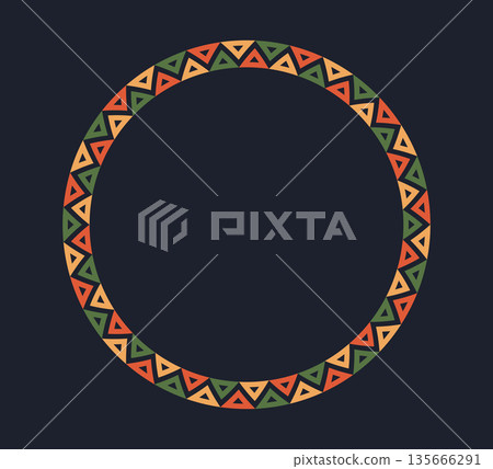 Mexican pattern circle frame. African ethnic motif border. Aztec triangular ornament round frame. Mexican text frame. African ethnic culture ornament. Vector illustration isolated on dark background 135666291