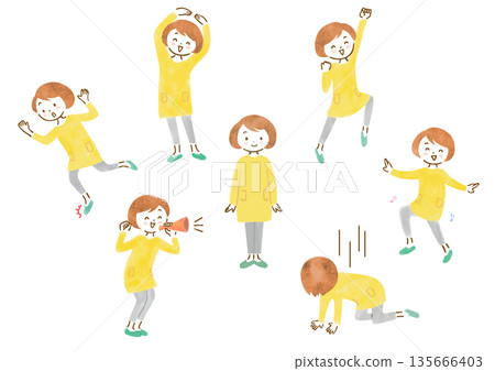 Illustration set of a woman wearing yellow casual clothes and with various expressions and poses 135666403