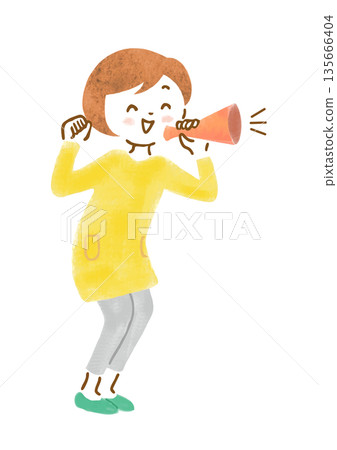 圖：一名女子拿著擴音器歡呼 135666404