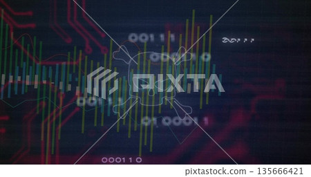 Floating skull and crossbones icon hovering on interface with colorful bars and binary code 135666421