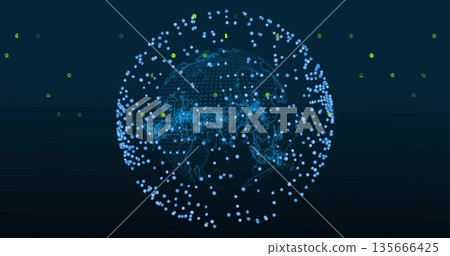 Showing digital globe floating in virtual display with glowing blue and yellow nodes, network lines 135666425