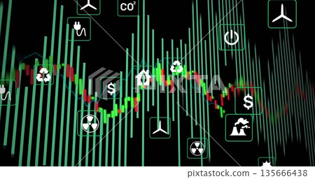 Displaying energy dashboard on black interface, with green bars, candlestick line and energy icons Displaying energy dashboard on black interface, with green bars, candlestick line and energy icons 135666438