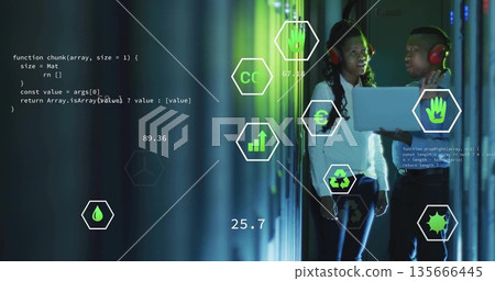 IT pros wearing red headphones conferring in datacenter with racks laptop hexagon icons, copy space 135666445