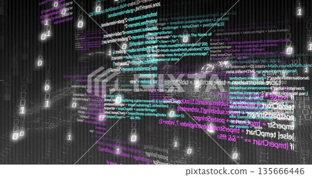 Glowing code snippets floating in cyberspace grid, with binary 0s and 1s and 3D wireframe lines 135666446
